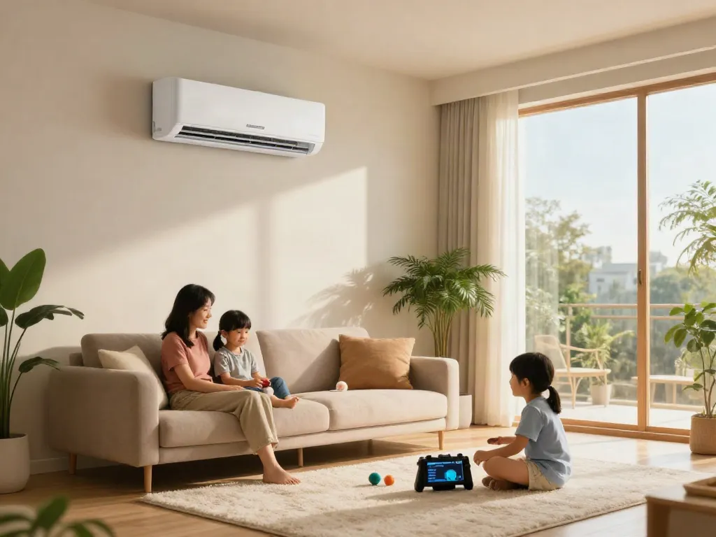 A family enjoying their living room comfort with a mini split AC enhancing the atmosphere in a stylish home.