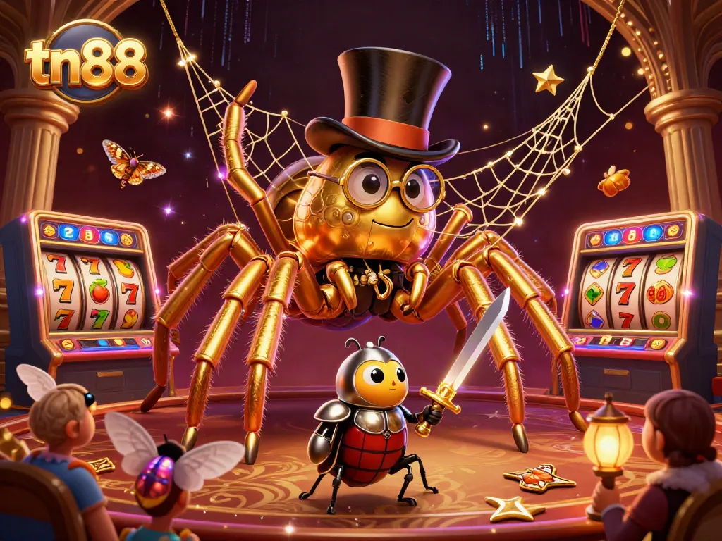 Experience the thrill of tn88 slots with a golden tarantula and knight in action.