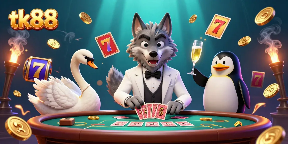 TK88's high-stakes baccarat scene featuring vibrant characters and slots for thrilling gameplay.