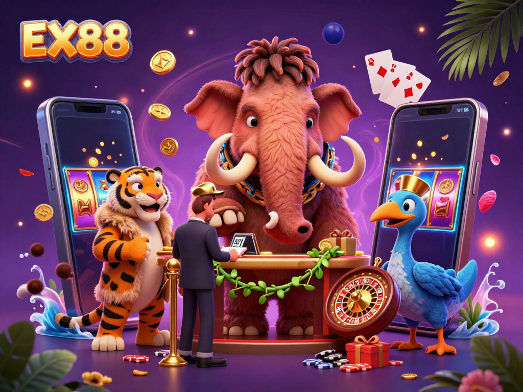 Interactive EX88 scene with a woolly mammoth bouncer, saber-tooth tiger, and casino elements creating a vibrant atmosphere.