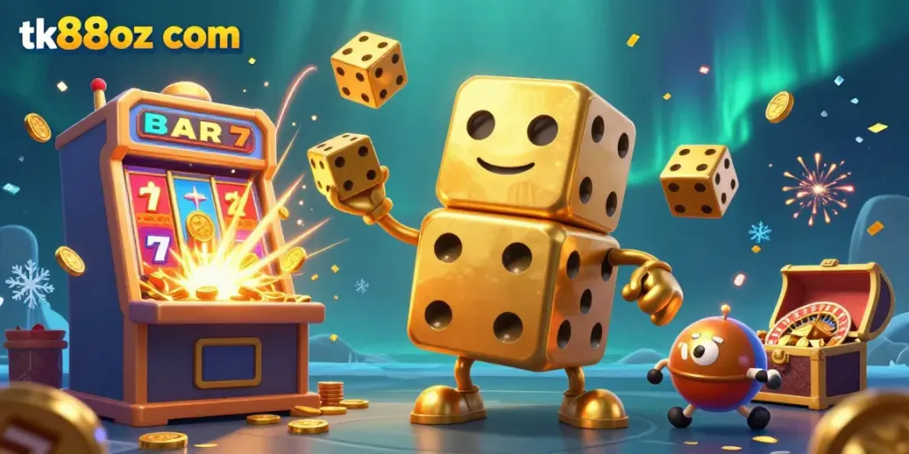 Engage with tk88oz com's immersive gaming scene featuring dynamic golden dice and a jackpot explosion.
