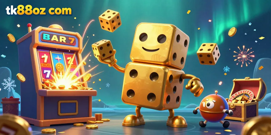 Engage with tk88oz com's immersive gaming scene featuring dynamic golden dice and a jackpot explosion.