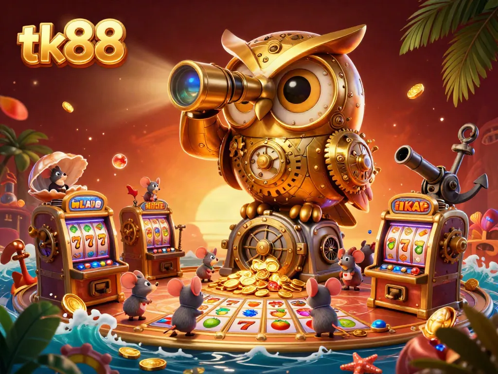 Experience tk88's thrilling casino atmosphere with a dynamic owl surveying gold-filled slot machines.