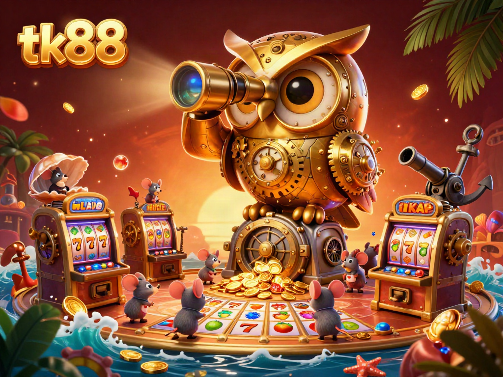 Experience tk88's thrilling casino atmosphere with a dynamic owl surveying gold-filled slot machines.