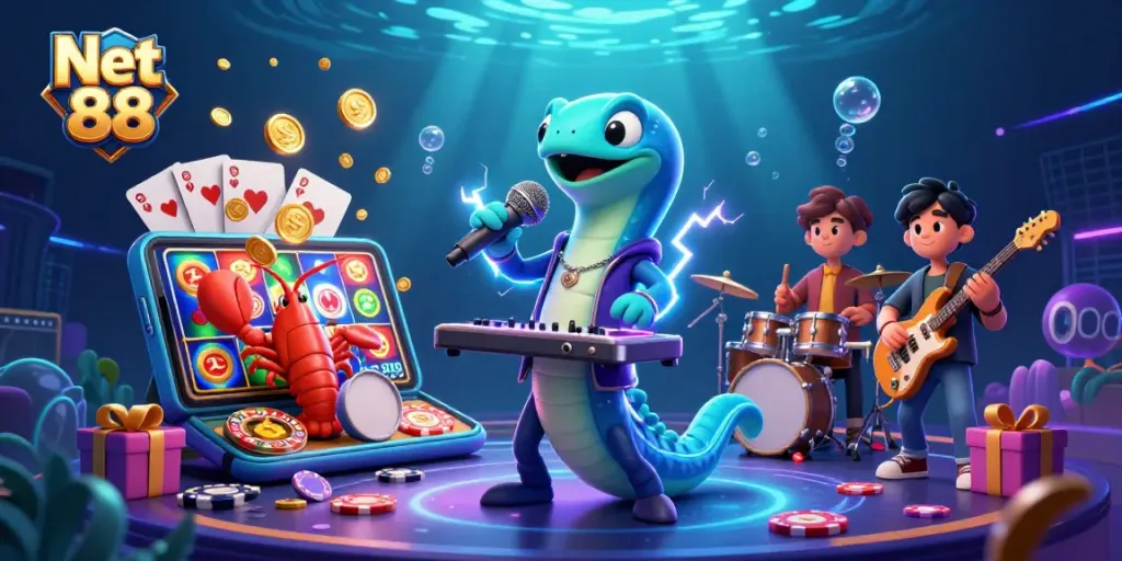 Experience the thrill of Net 88 with an underwater casino scene featuring vibrant characters and gaming elements.