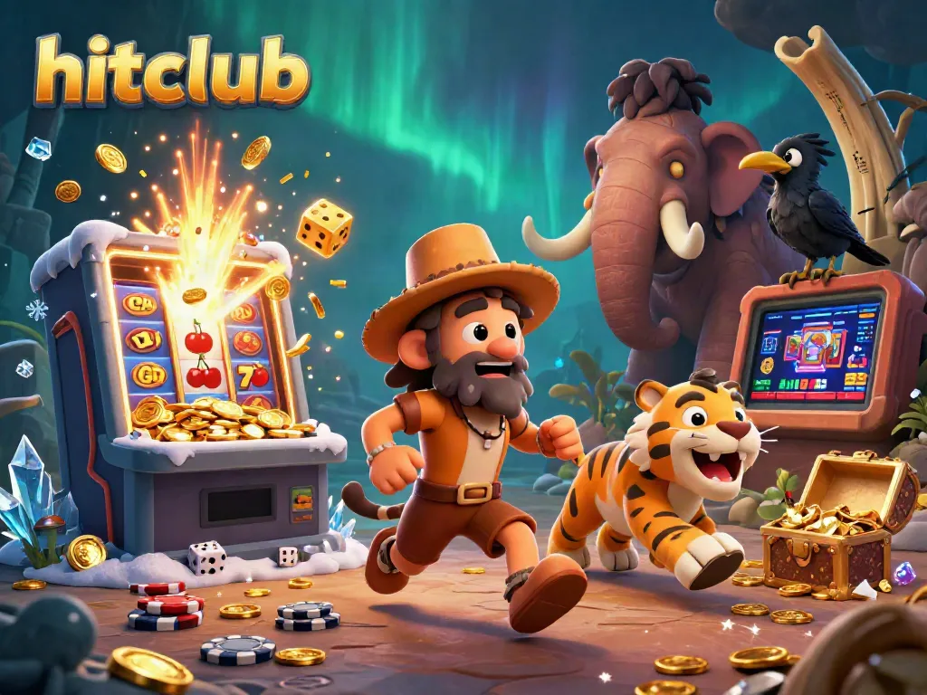 Join the hitclub experience with a dynamic 3D casino scene featuring a caveman, tiger, and treasure.