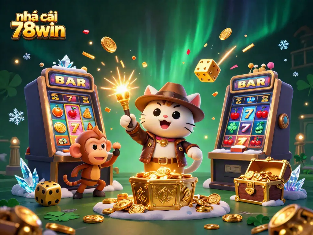 This vibrant scene showcases nhà cái 78win, capturing an adventure filled with golden artifacts, dynamic symbols, and a lively gambling atmosphere.