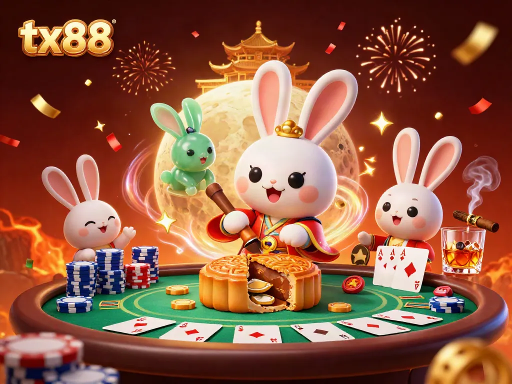 Experience thrilling gaming at tx88 with a whimsical moon rabbit scene rich in poker excitement.