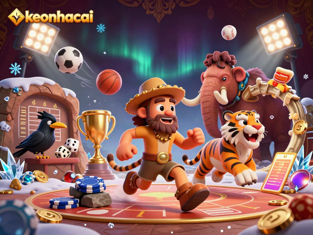 Experience the thrill of keonhacai in a dynamic prehistoric casino scene with sports elements.