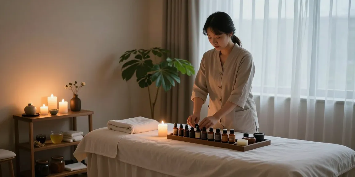 서울출장마사지 in a calming therapy room with soft lighting and soothing aromas.