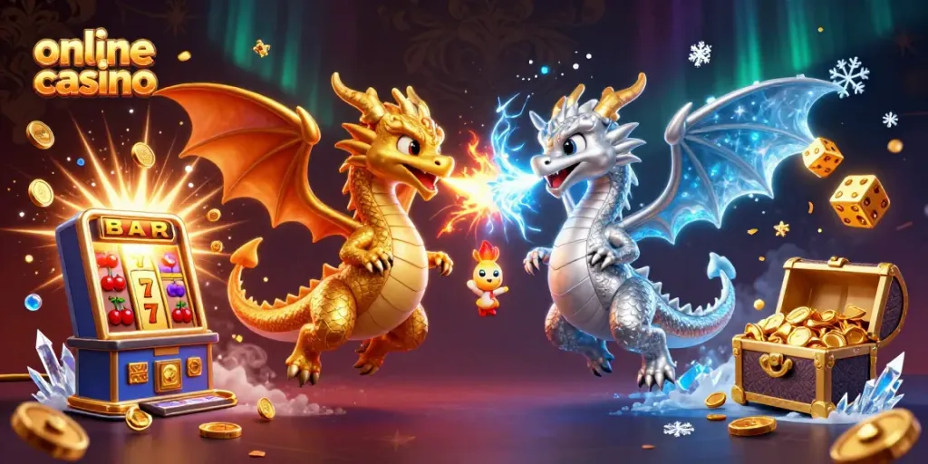 Engage with the vibes of an online casino through vibrant dragons and slot elements.