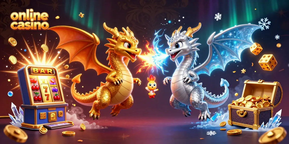 Engage with the vibes of an online casino through vibrant dragons and slot elements.