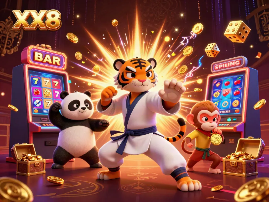 Engaging scene featuring XX8 characters amidst a dynamic casino celebration with vibrant slot machine action.