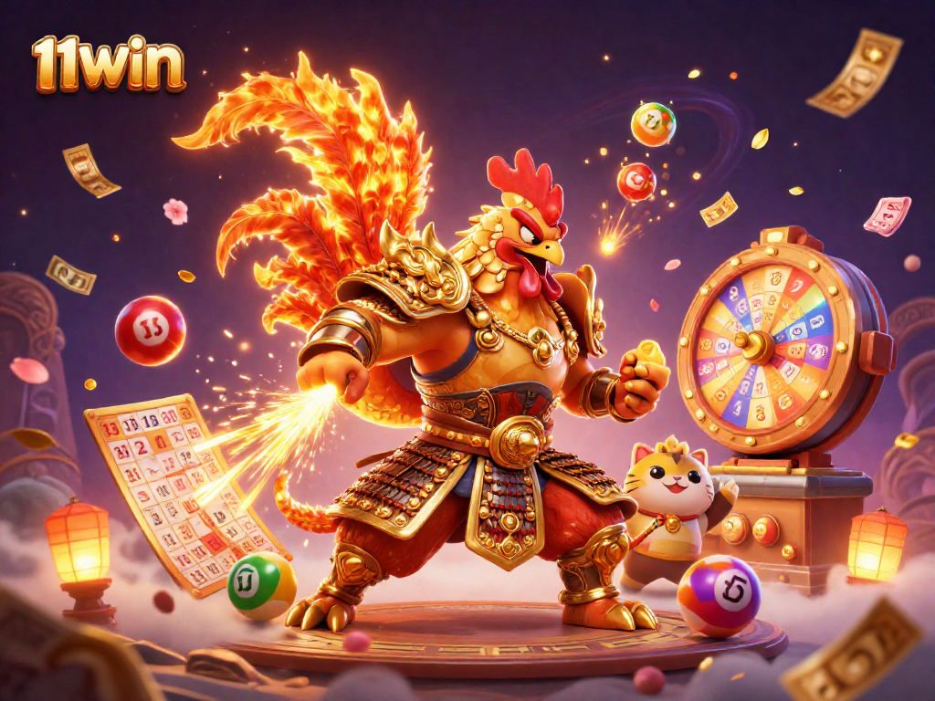 Join the excitement at 11WIN with fighting rooster and dragon hatchling amidst vibrant casino elements.