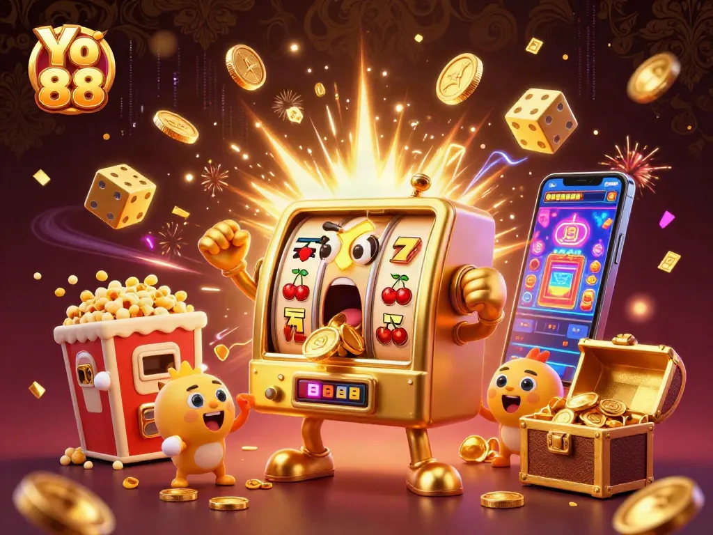 Win big with Yo 88 as a golden slot machine hits the jackpot in a dynamic scene full of action.