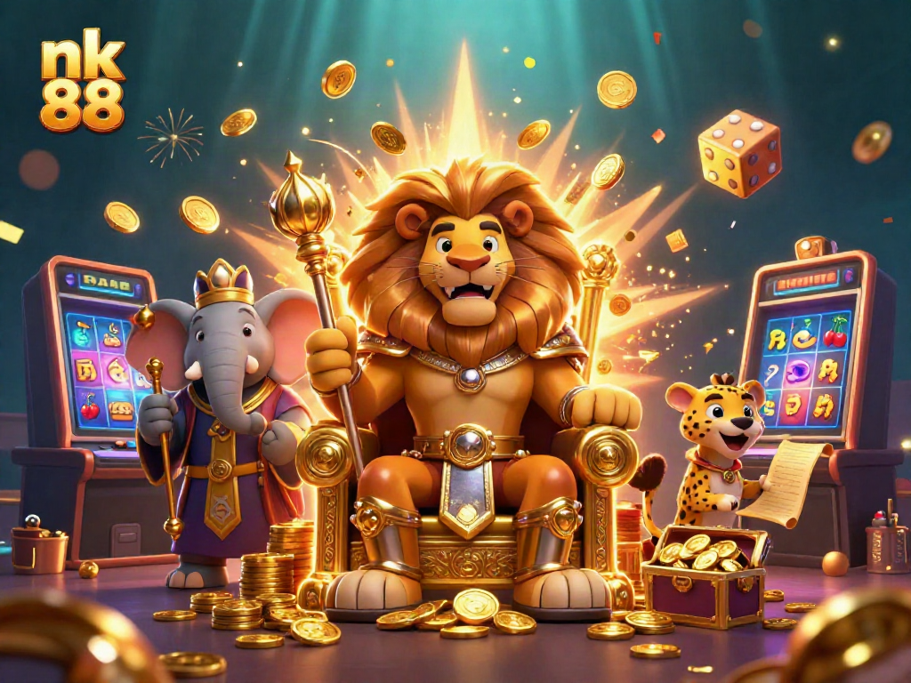 Engage with nk 88 as the cartoon lion king and his companions capture a vibrant casino atmosphere.