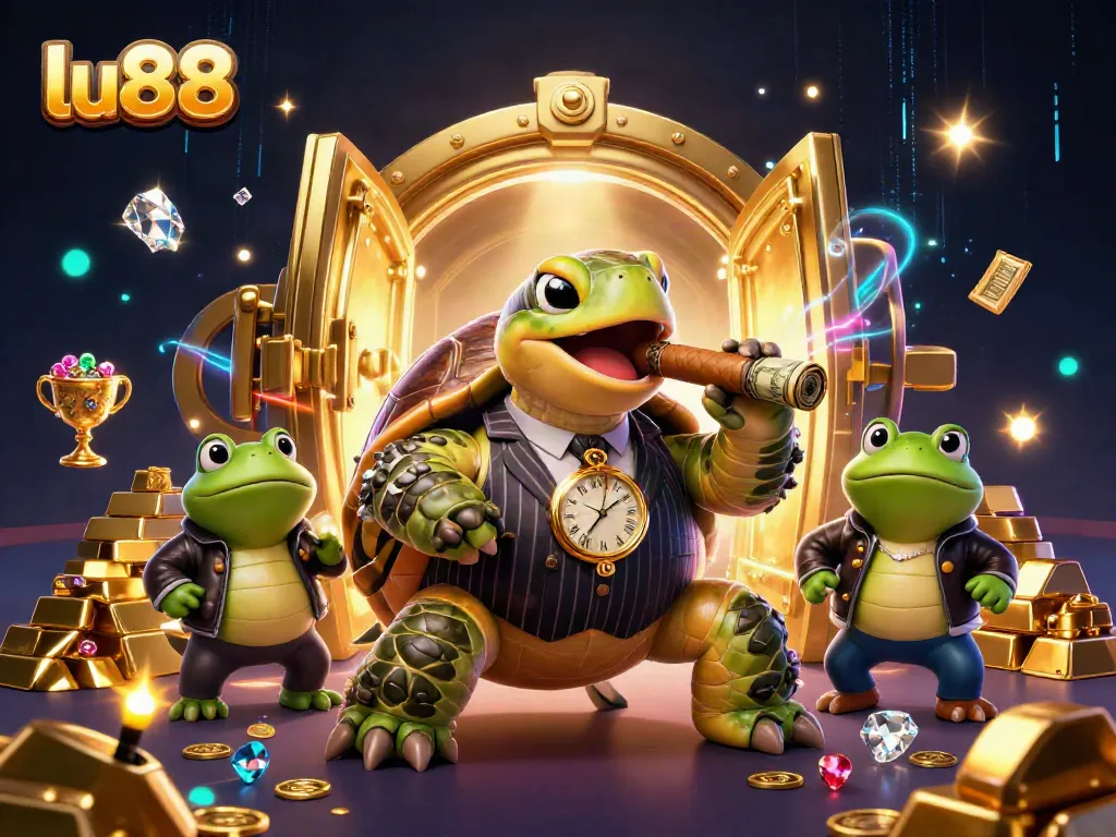 Spin the reels at lu88 with a massive snapping turtle mobster and frog enforcers in a lively casino scene.