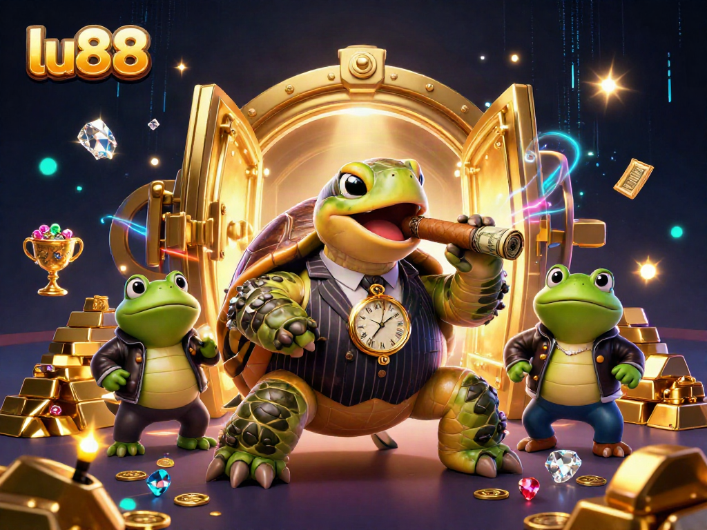 Spin the reels at lu88 with a massive snapping turtle mobster and frog enforcers in a lively casino scene.