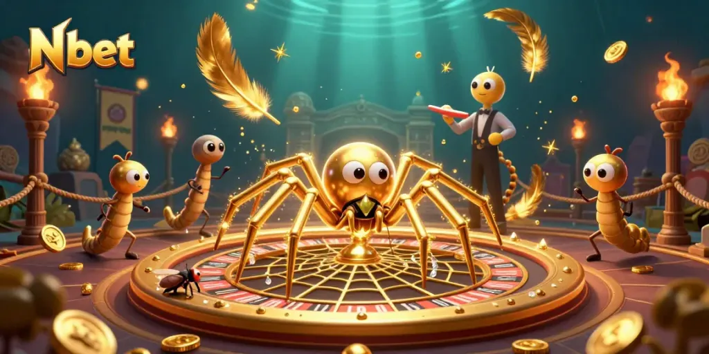 N bet engages players at a golden roulette wheel with a cartoon spider and centipede croupier.