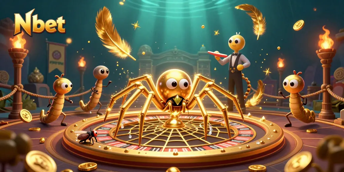 N bet engages players at a golden roulette wheel with a cartoon spider and centipede croupier.
