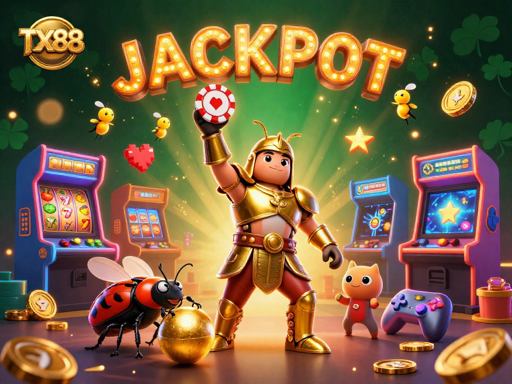 Engage in the excitement of TX88 as a heroic beetle celebrates a jackpot amidst vibrant slot elements.