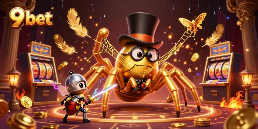 Excite with 9 bet gameplay as a golden tarantula weaves a web of fortune among spinning slot reels.