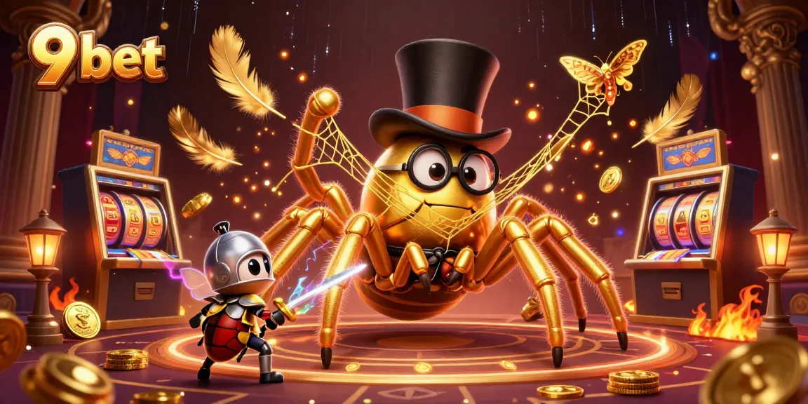 Excite with 9 bet gameplay as a golden tarantula weaves a web of fortune among spinning slot reels.