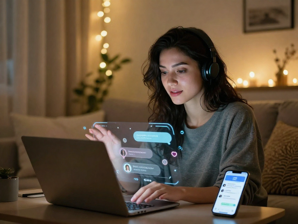 Engaging intimate moment in a cozy room, highlighting sex ai interactions on a laptop.