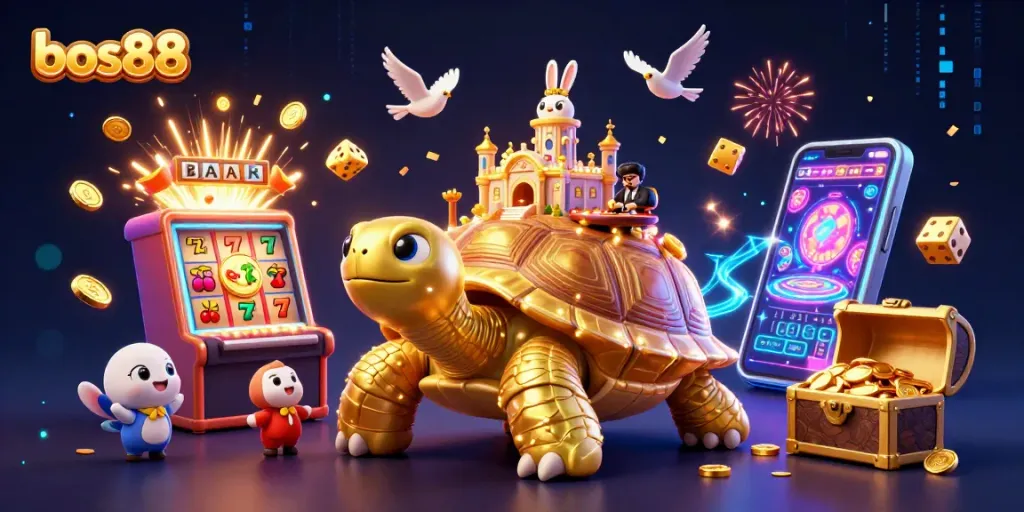 Engage with bos88's vibrant casino activities featuring a golden tortoise with a casino on its shell and lively game elements.