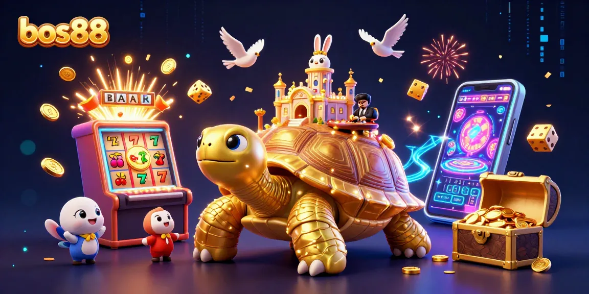 Engage with bos88's vibrant casino activities featuring a golden tortoise with a casino on its shell and lively game elements.