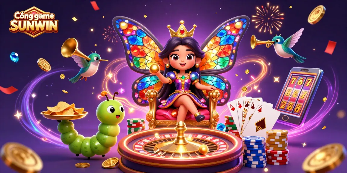 Cổng game SUNWIN showcases vibrant casino elements and dynamic characters in a magical celebration.