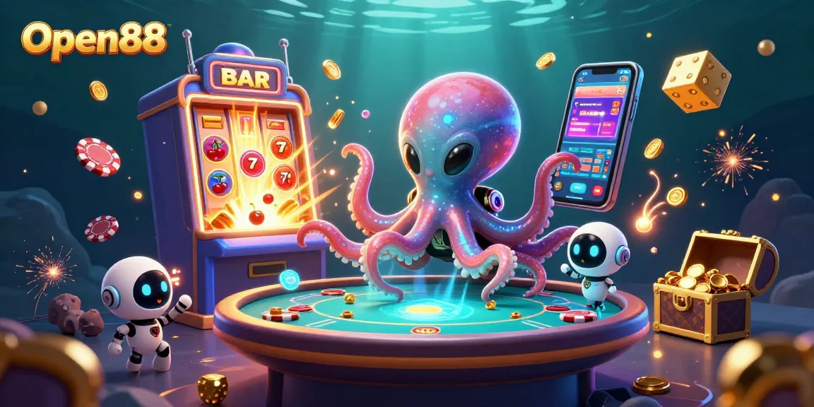 Engage in thrilling gameplay at Open88 with a vibrant 3D casino scene featuring an alien octopus and dynamic gaming elements.