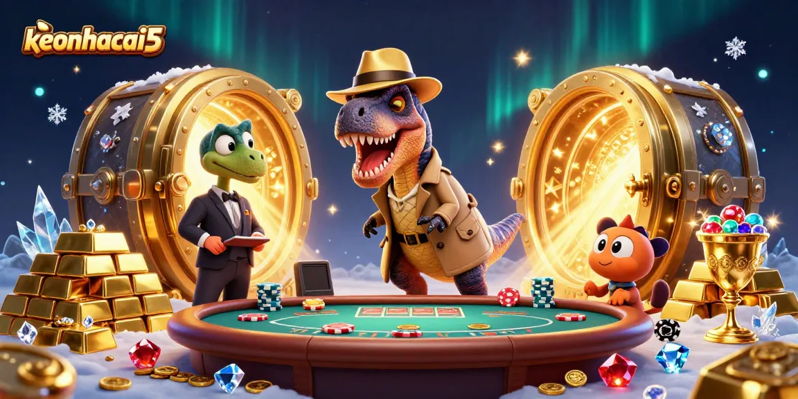 Test your luck with keonhacai5 at the casino, featuring vibrant characters and gold treasures.