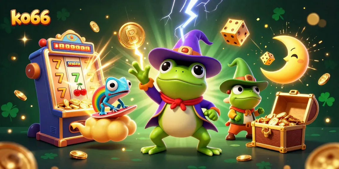 Spin to win with ko66 - a vibrant 3D illustration of a slot machine bursting with coins and exciting casino elements.