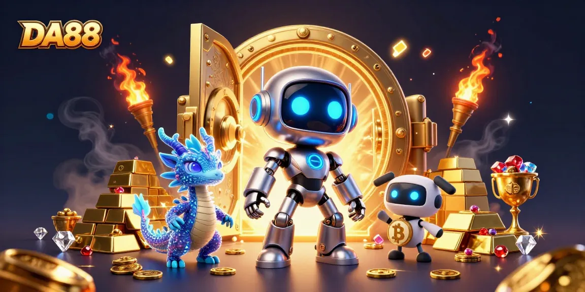 Experience thrilling DA88 adventures with a vibrant 3D casino scene filled with treasures.