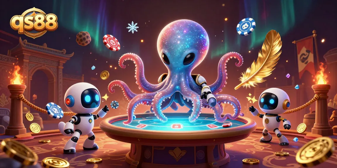 Experience qs88's thrilling poker action with a vibrant alien octopus and robotic companion.