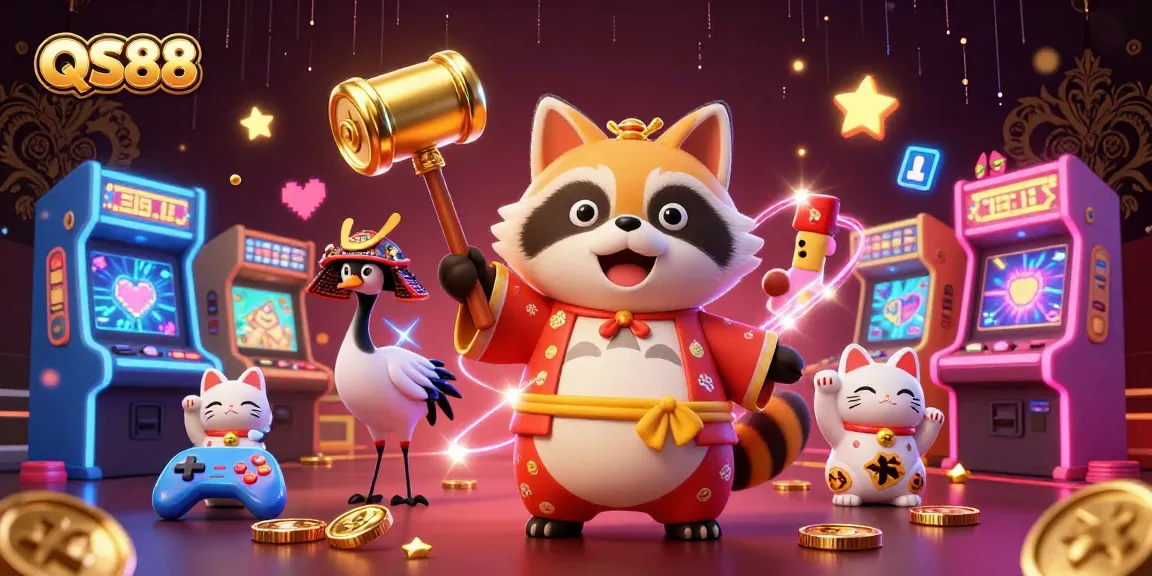 Experience the unique QS88 gaming atmosphere with a cheerful tanuki and engaging elements.