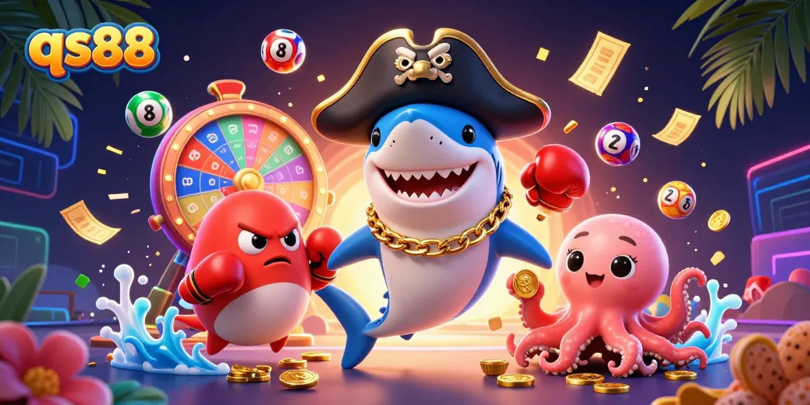 Engage in dynamic gaming with qs88's vibrant illustration of a pirate shark and friends amidst lottery fun.