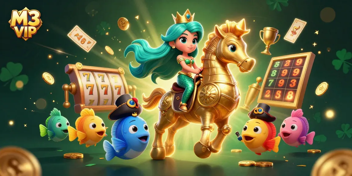 M3 VIP casino experience with a mermaid princess in a vibrant 3D scene, showcasing slot jackpots and golden elements
