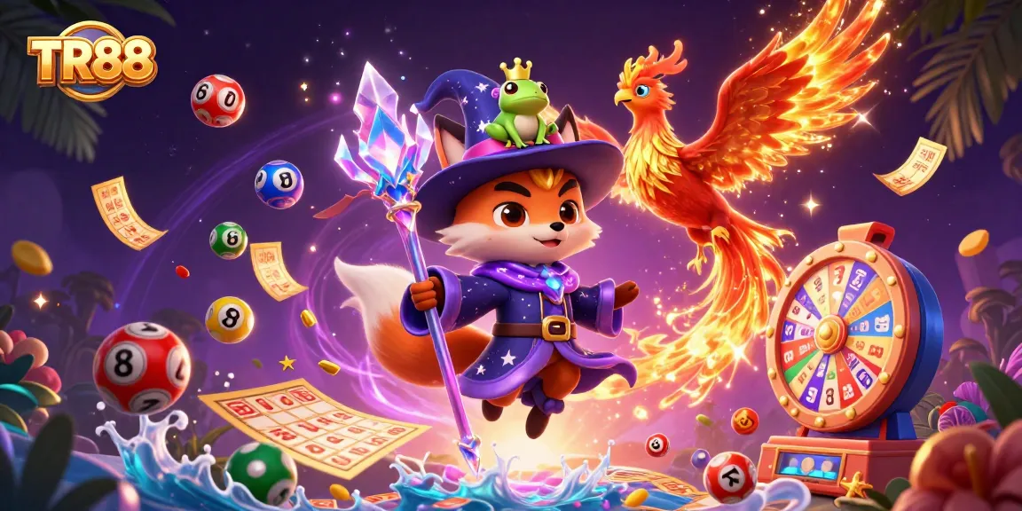 Enjoy thrilling TR88 gaming moments with a mystical wizard fox and vibrant casino elements.