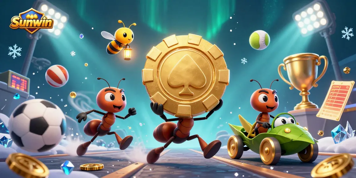 Sunwin offers an exciting 3D casino scene with cartoon ants, sports betting elements, and vibrant graphics.