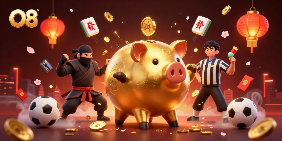 O8 sports betting scene featuring a golden piggy bank sumo wrestler, a wallet-ninja, and dynamic casino elements.