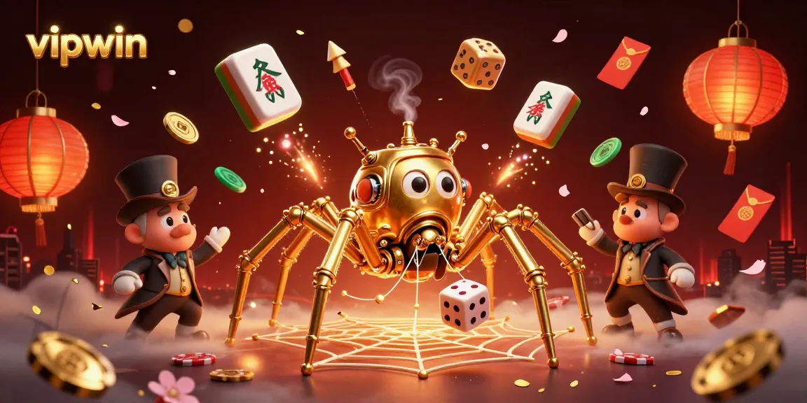 Experience thrilling wins at vipwin with a lively scene of a steampunk spider and game elements.
