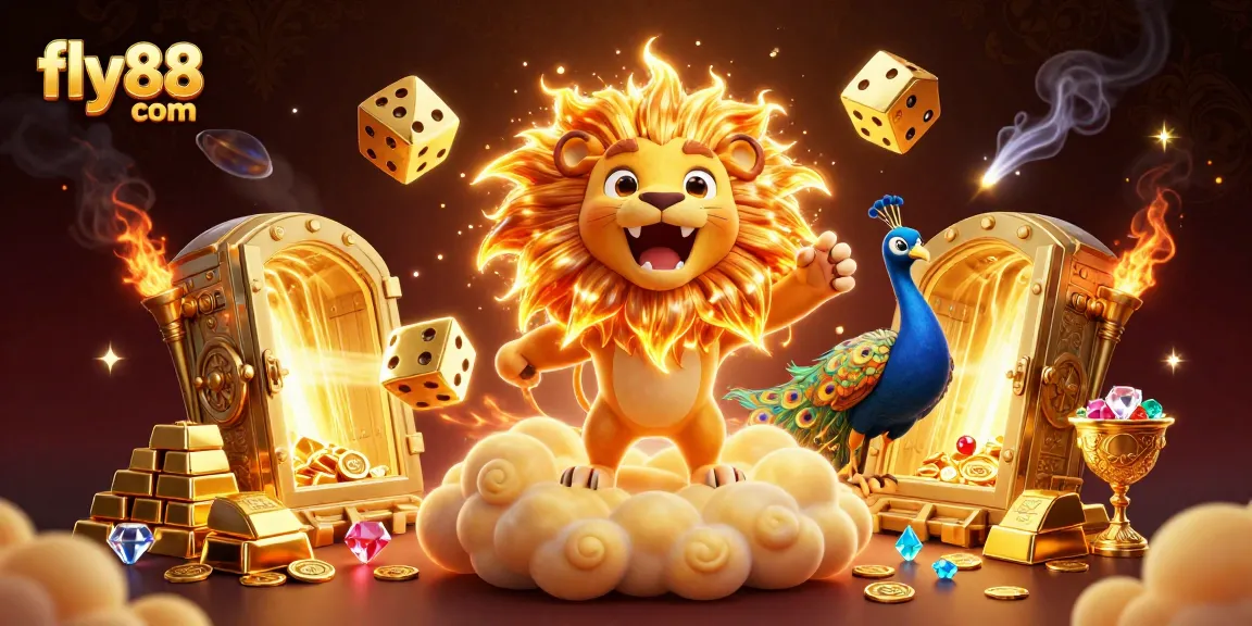 Experience excitement at fly88 com with a joyful sun lion surrounded by golden treasures and dynamic casino elements.