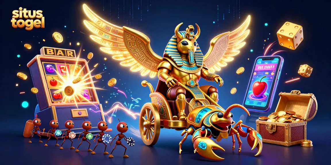Gambar situs togel dengan karakter unik, jackpot menggelegar, dan elemen permainan yang menarik.
