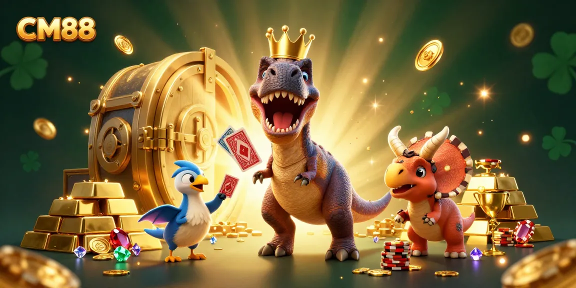 Engaging CM88 scene with T-Rex shuffling cards, while a pterodactyl and triceratops enhance the casino atmosphere.