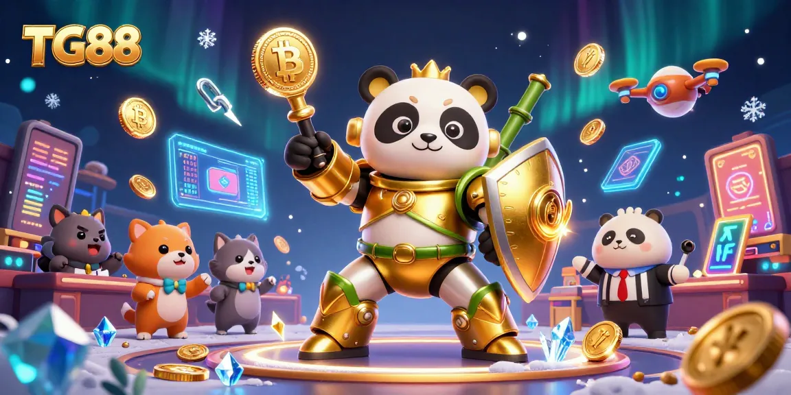 TG88 features an exciting casino scene where a mech-suit panda pilots a robot, surrounded by glowing crypto coins.