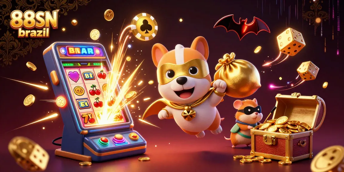Experience thrilling action with 88SN brazil as a superhero dog and sidekick celebrate winning in an exciting casino environment.