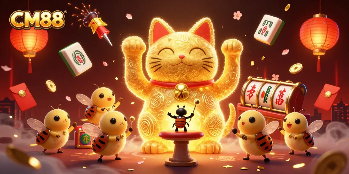 Experience exciting wins at CM88 with a vibrant scene of a lucky cat surrounded by casino symbols.