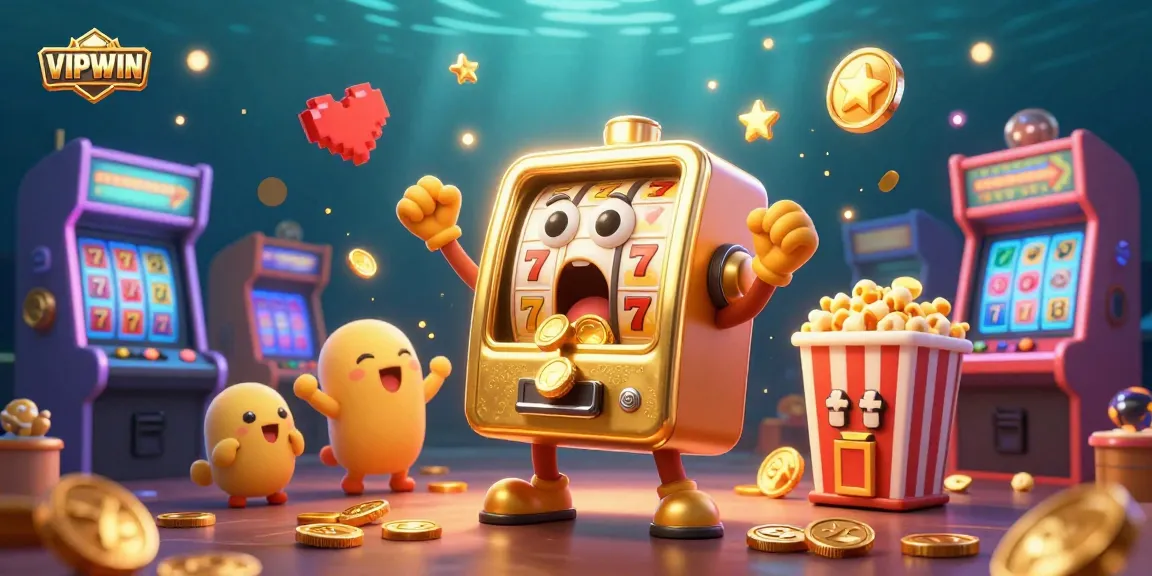 VIPWIN celebrates a jackpot moment with a golden slot machine in a vibrant arcade atmosphere.